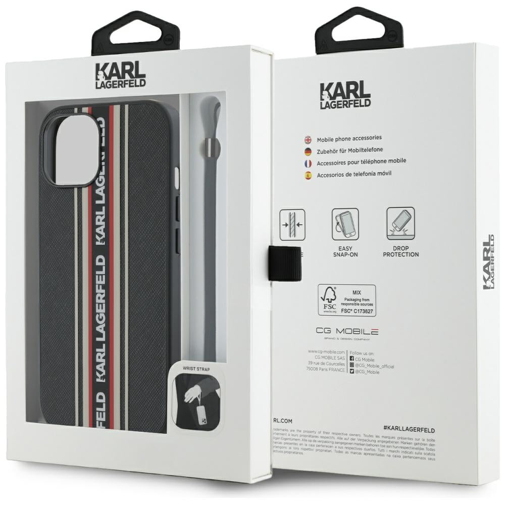 Case for Apple iPhone 15, Karl Lagerfeld, Saffiano Athleisure Stripes with Strap, Rosie