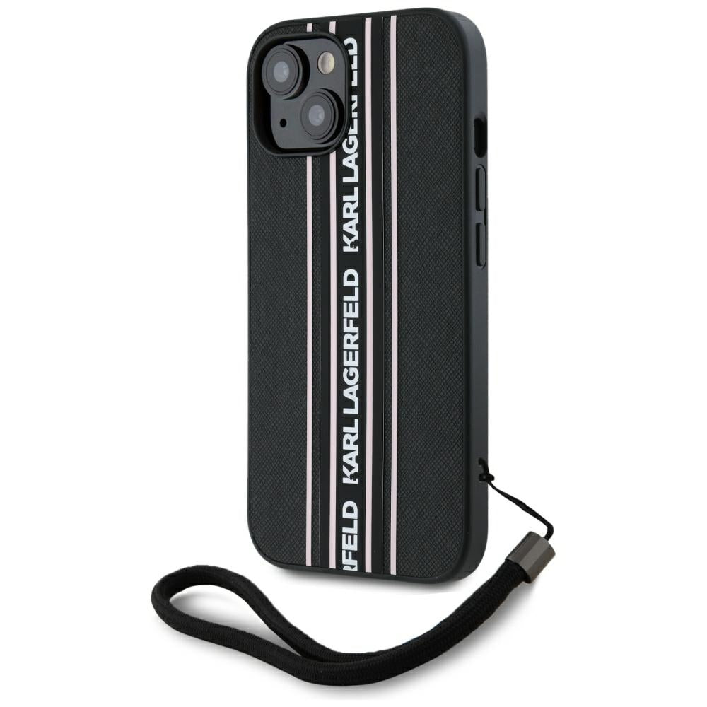 Étui pour Apple iPhone 15, Karl Lagerfeld, Saffiano Athleisure Stripes avec sangle, Rose