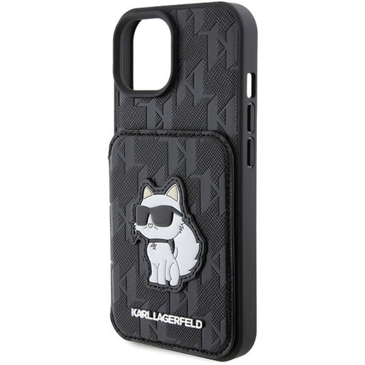 Étui pour Apple iPhone 15, Karl Lagerfeld, Saffiano Cardslots and Stand Monogram Choupette, Noir