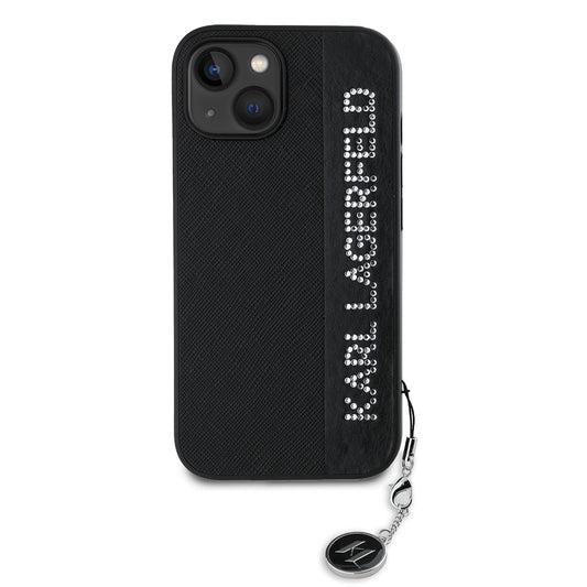 Étui pour Apple iPhone 15, Karl Lagerfeld, Saffiano Rhinestones & Charm, Noir