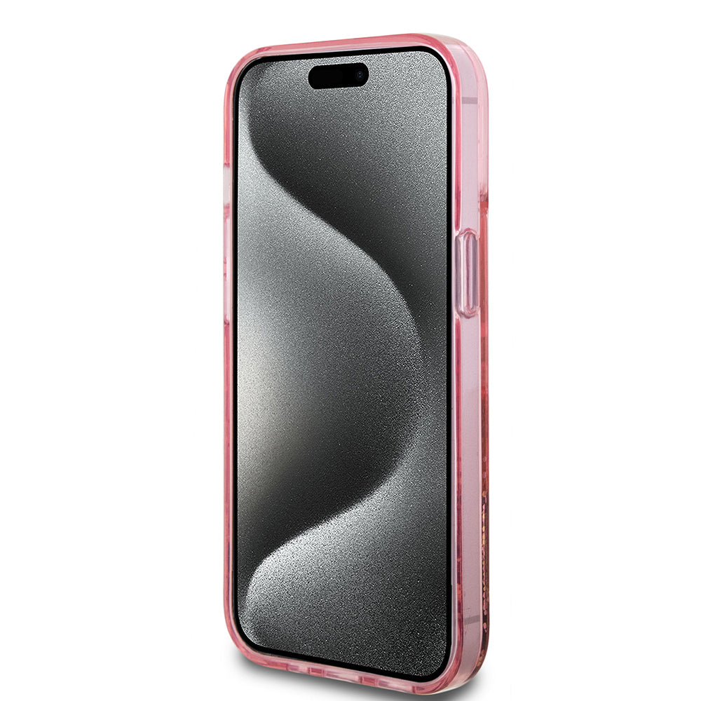 Case for Apple iPhone 15 Plus, Guess, Liquid Glitter Gold Stripes, Pink