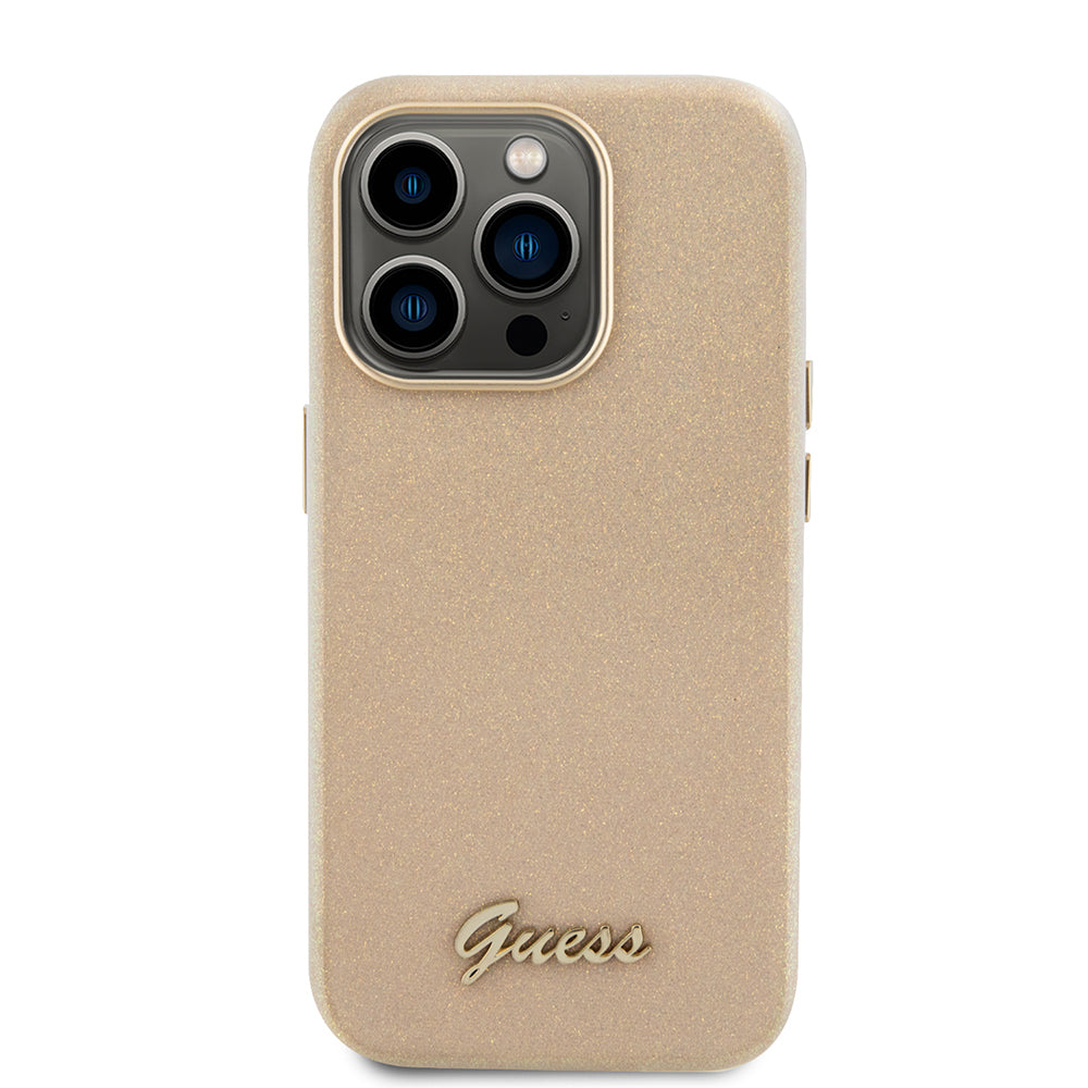 Housse pour Apple iPhone 15 Pro, Guess, Glitter Glossy Script, Beige