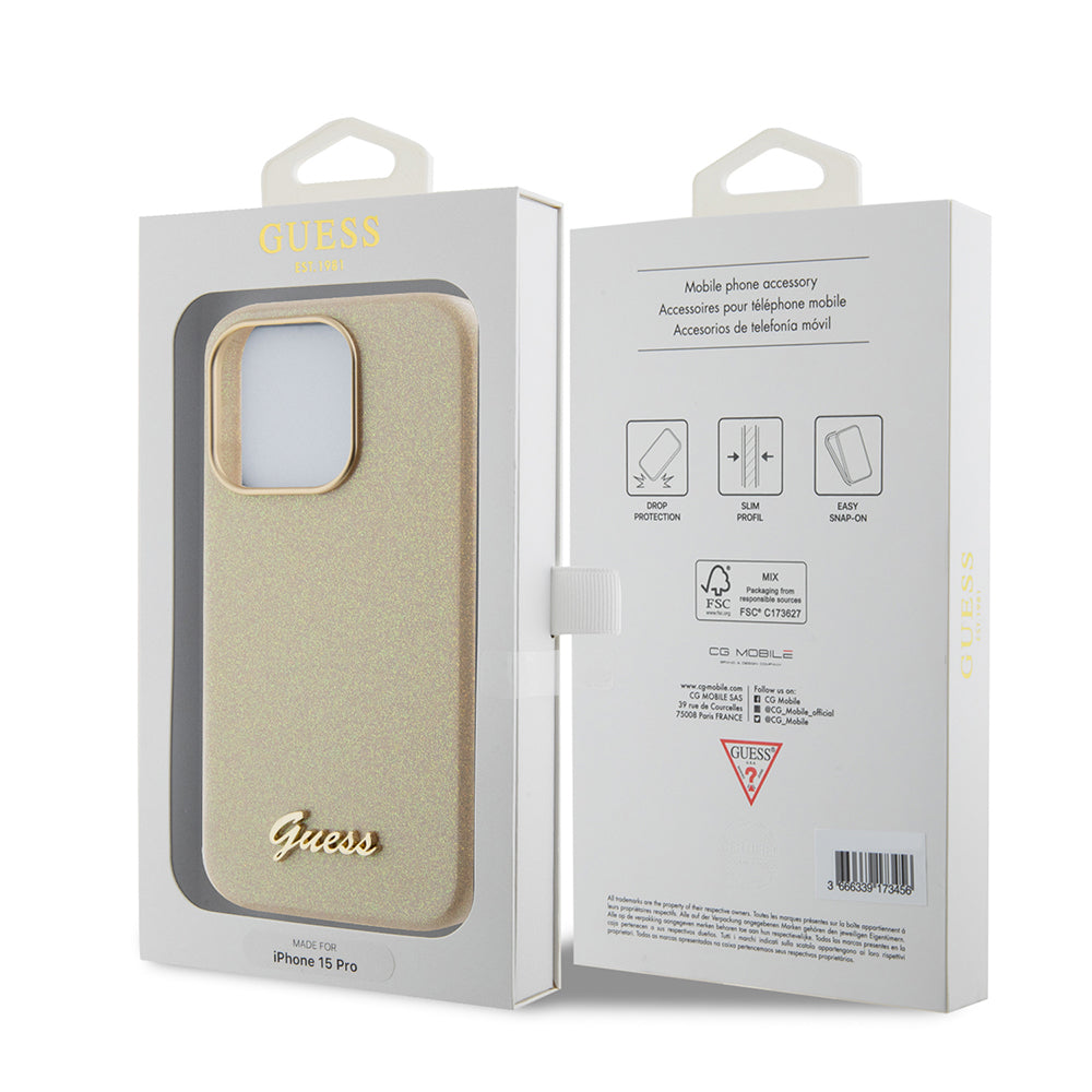 Housse pour Apple iPhone 15 Pro, Guess, Glitter Glossy Script, Beige