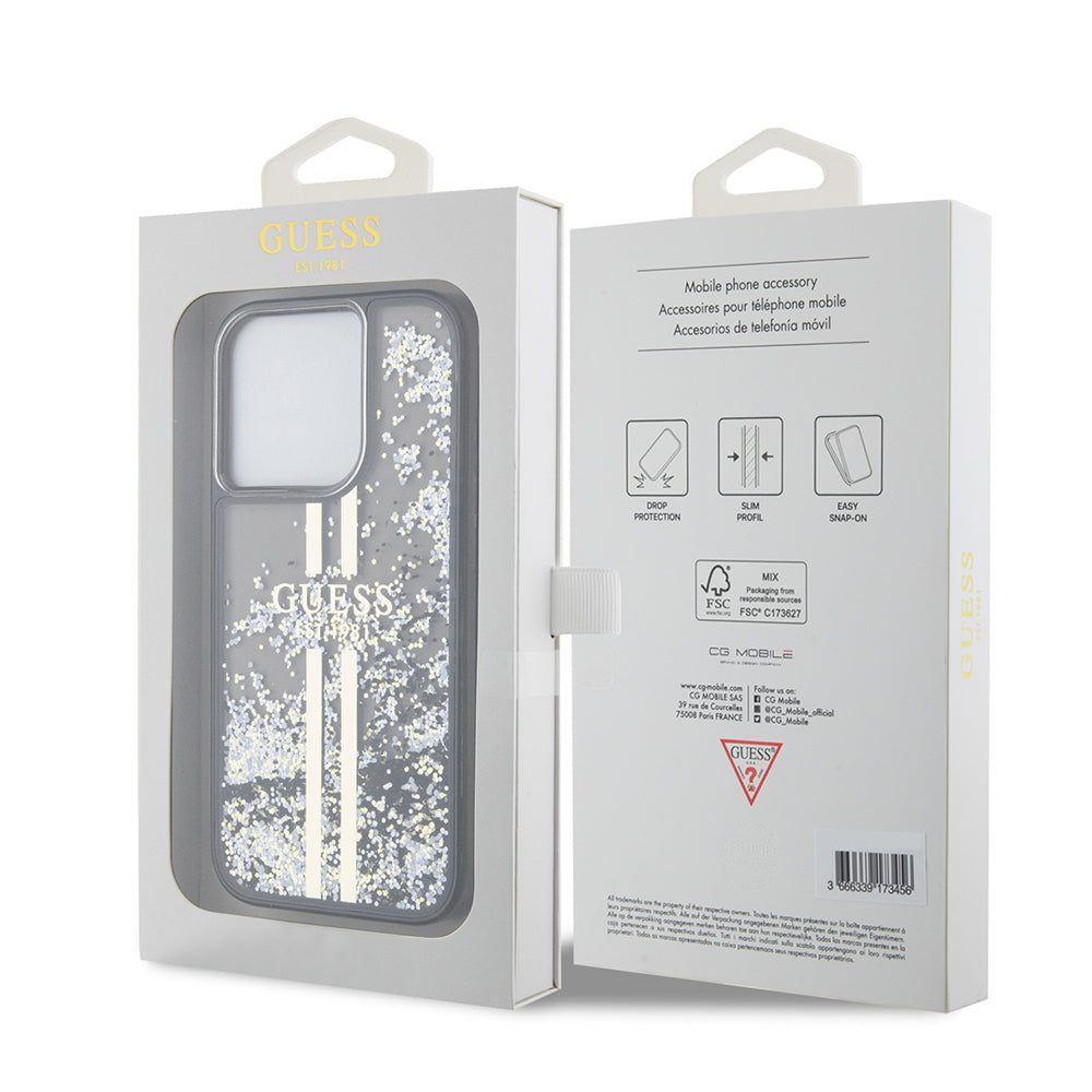 Étui pour Apple iPhone 15 Pro, Guess, Liquid Glitter Gold Stripe, Noir