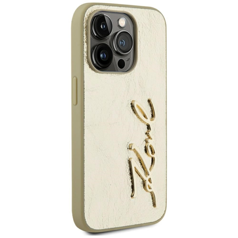 Étui pour Apple iPhone 15 Pro, Karl Lagerfeld, Signature Métallique, Doré