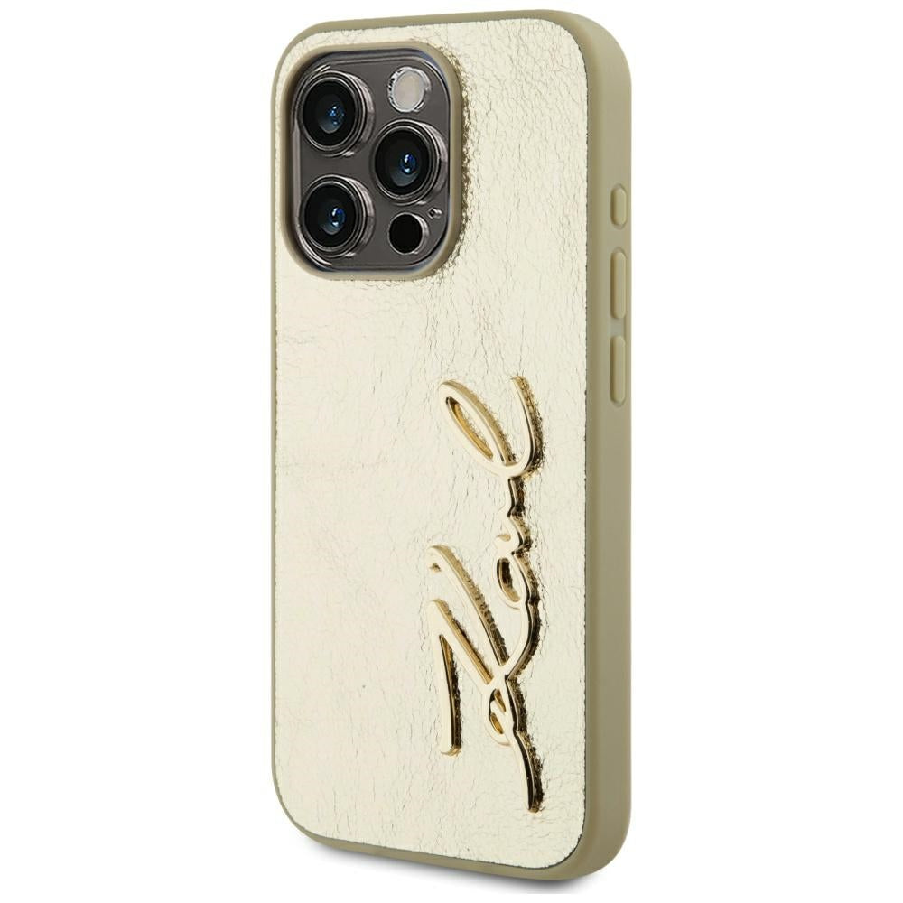 Étui pour Apple iPhone 15 Pro, Karl Lagerfeld, Signature Métallique, Doré