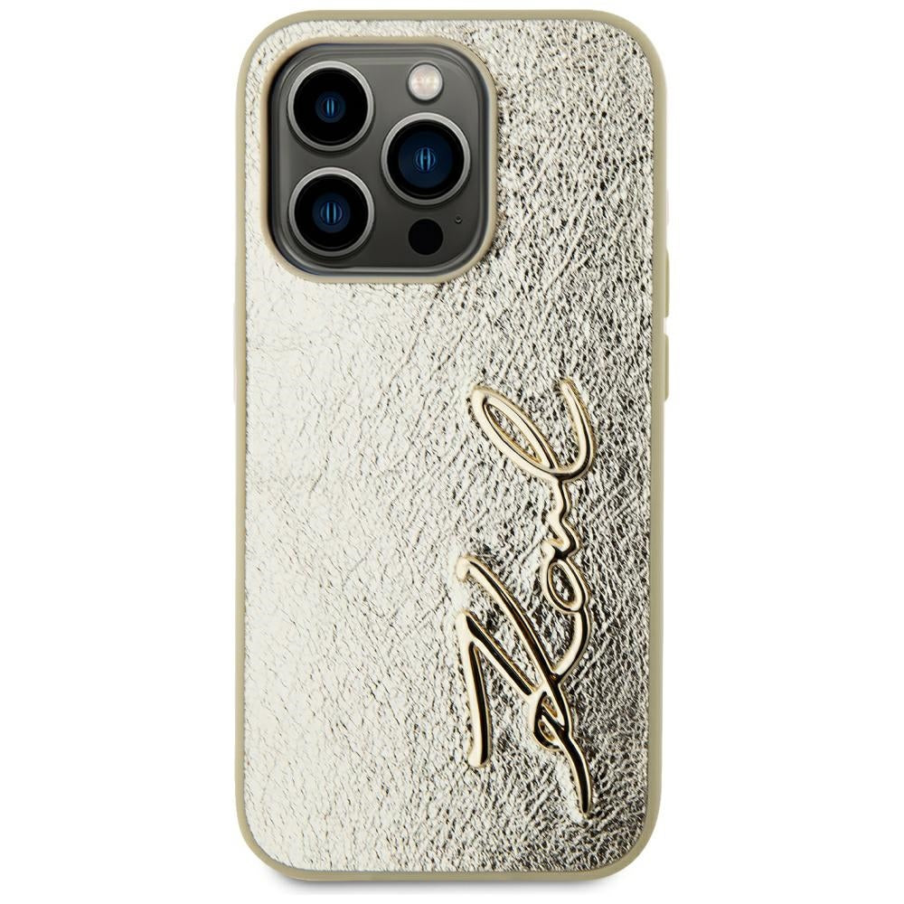 Étui pour Apple iPhone 15 Pro, Karl Lagerfeld, Signature Métallique, Doré