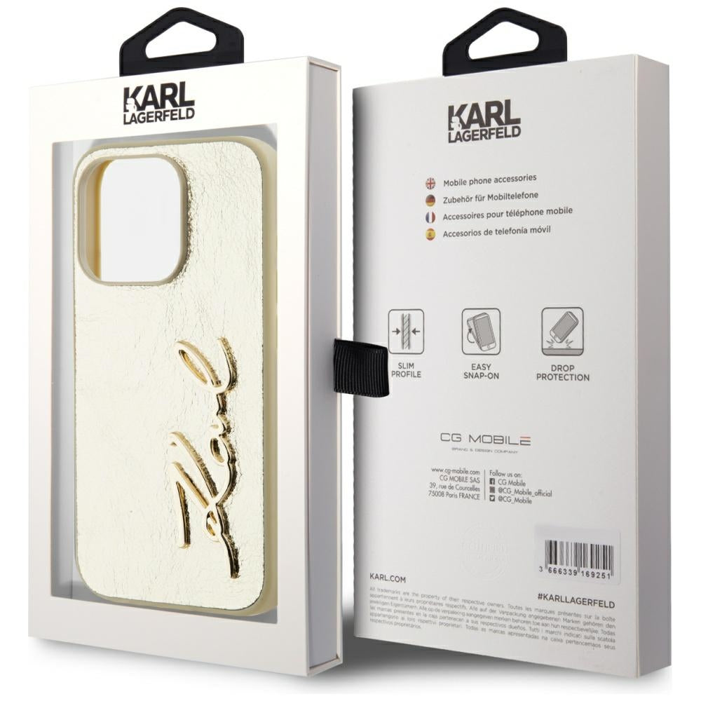 Étui pour Apple iPhone 15 Pro, Karl Lagerfeld, Signature Métallique, Doré