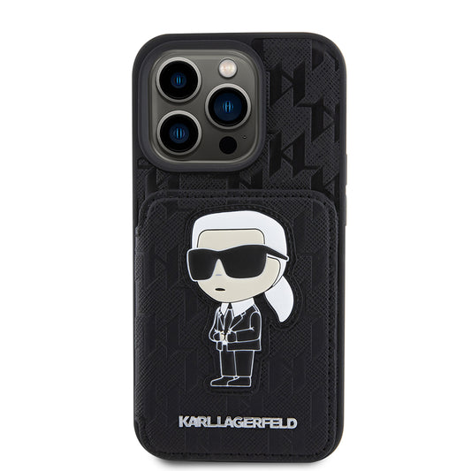 Étui pour Apple iPhone 15 Pro, Karl Lagerfeld, Saffiano Cardslots and Stand Monogram Ikonik Karl, Noir