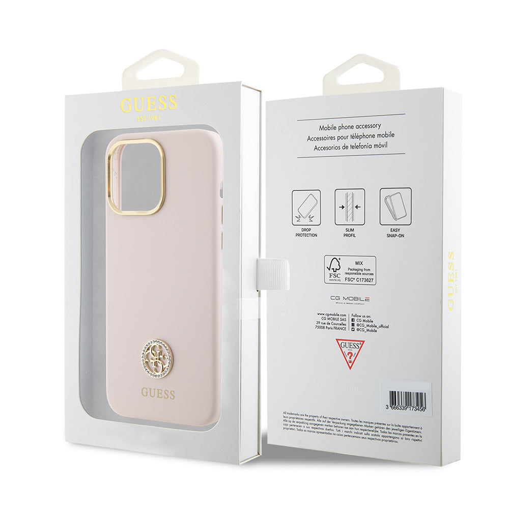 Étui pour Apple iPhone 15 Pro Max, Guess, Logo Métal Strass 4G, Rose