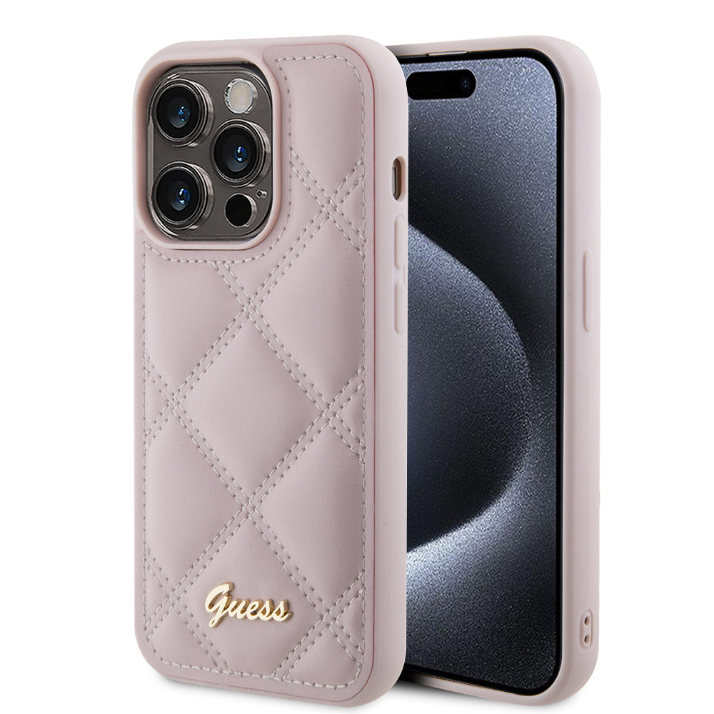 Étui pour Apple iPhone 15 Pro Max, Guess, Logo Métallique Matelassé, Rose