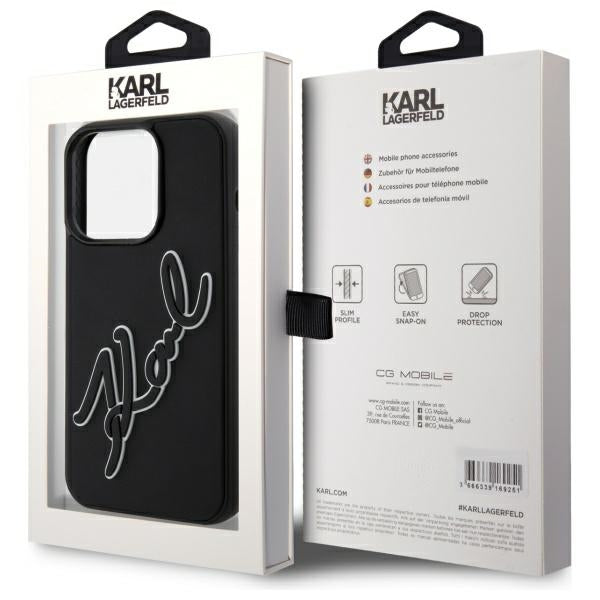 Étui pour Apple iPhone 15 Pro Max, Karl Lagerfeld, Signature en Caoutchouc 3D, Noir