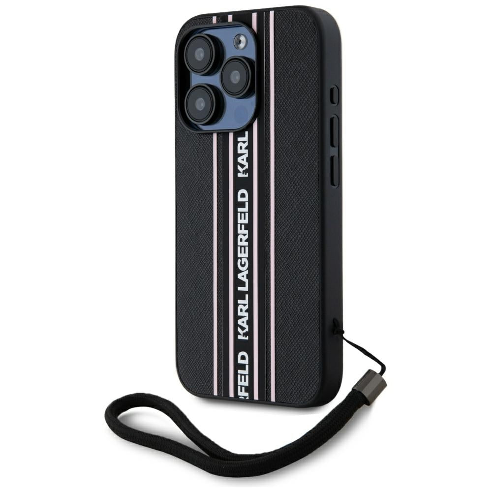 Étui pour Apple iPhone 15 Pro Max, Karl Lagerfeld, Saffiano Athleisure Stripes avec sangle, Rose