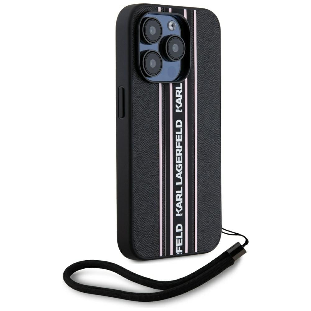 Étui pour Apple iPhone 15 Pro Max, Karl Lagerfeld, Saffiano Athleisure Stripes avec sangle, Rose