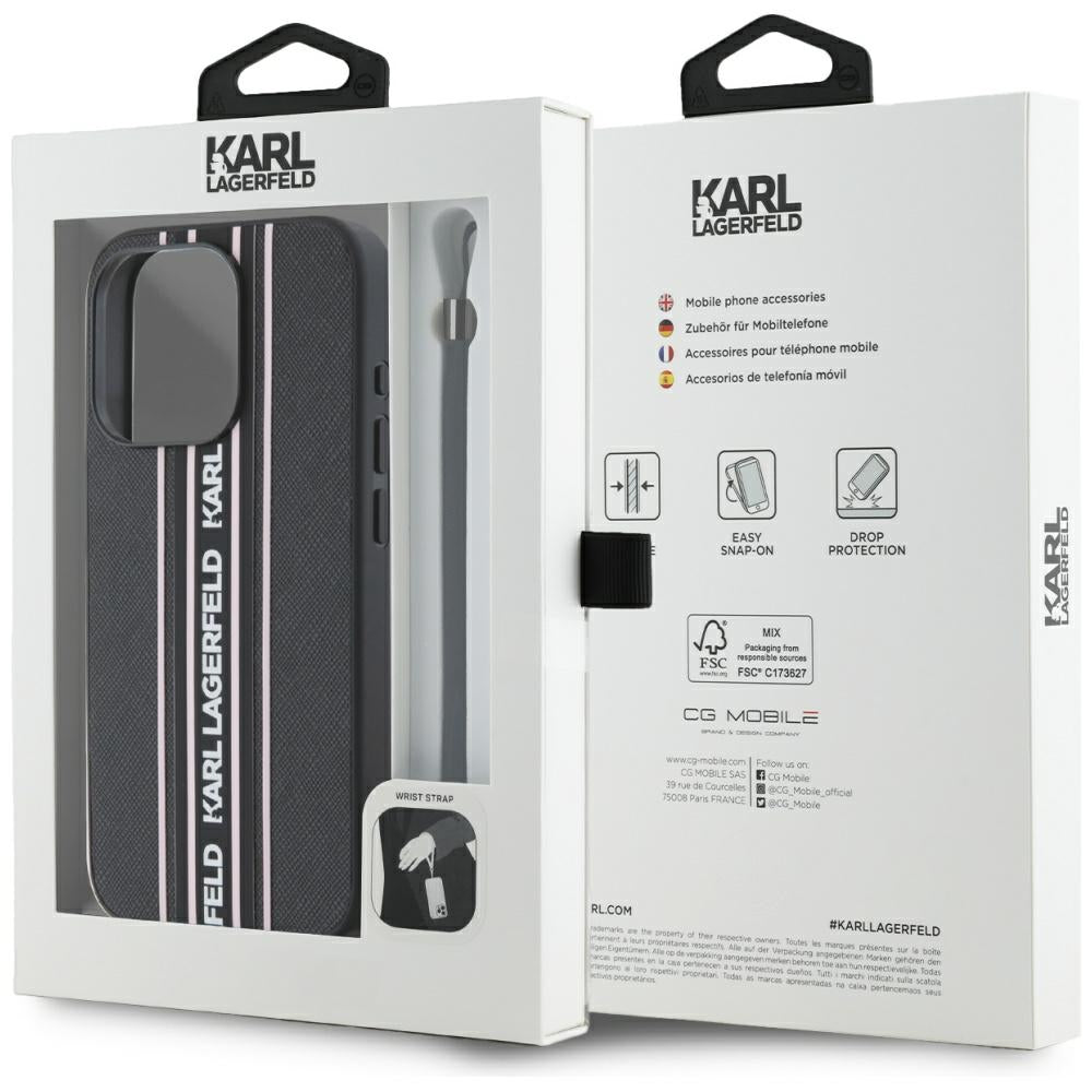 Étui pour Apple iPhone 15 Pro Max, Karl Lagerfeld, Saffiano Athleisure Stripes avec sangle, Rose