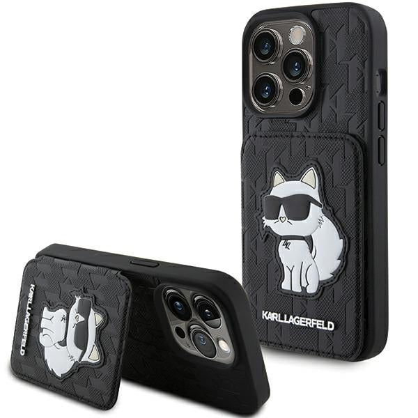 Étui pour Apple iPhone 15 Pro Max, Karl Lagerfeld, Saffiano Cardslots and Stand Monogram Choupette, Noir