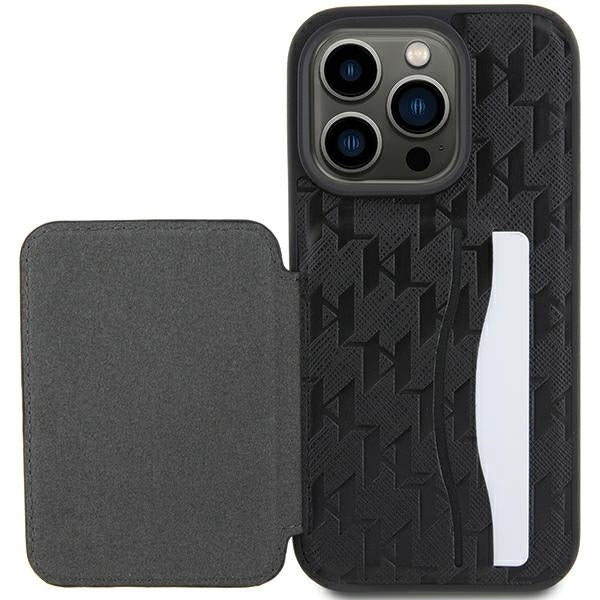 Étui pour Apple iPhone 15 Pro Max, Karl Lagerfeld, Saffiano Cardslots and Stand Monogram Choupette, Noir