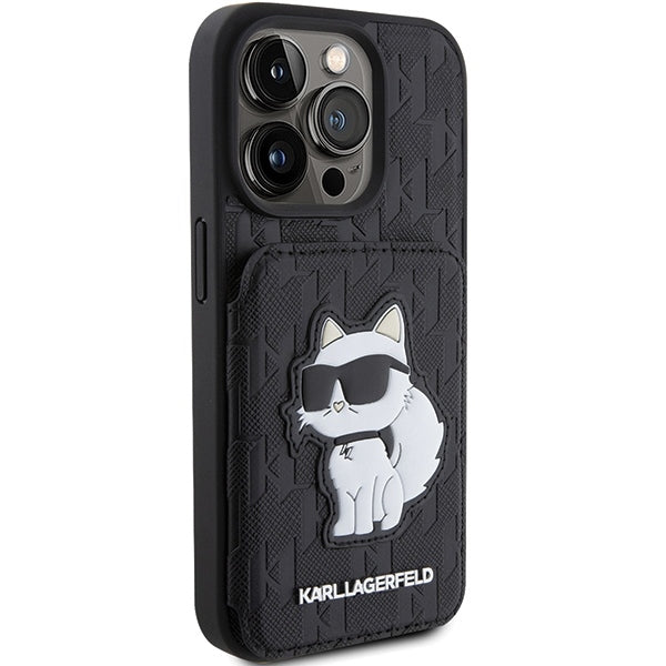 Étui pour Apple iPhone 15 Pro Max, Karl Lagerfeld, Saffiano Cardslots and Stand Monogram Choupette, Noir