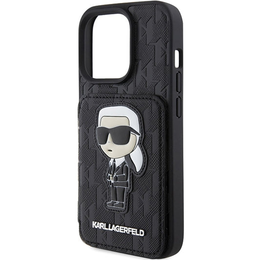 Étui pour Apple iPhone 15 Pro Max, Karl Lagerfeld, Saffiano Cardslots and Stand Monogram Ikonik Karl, Noir