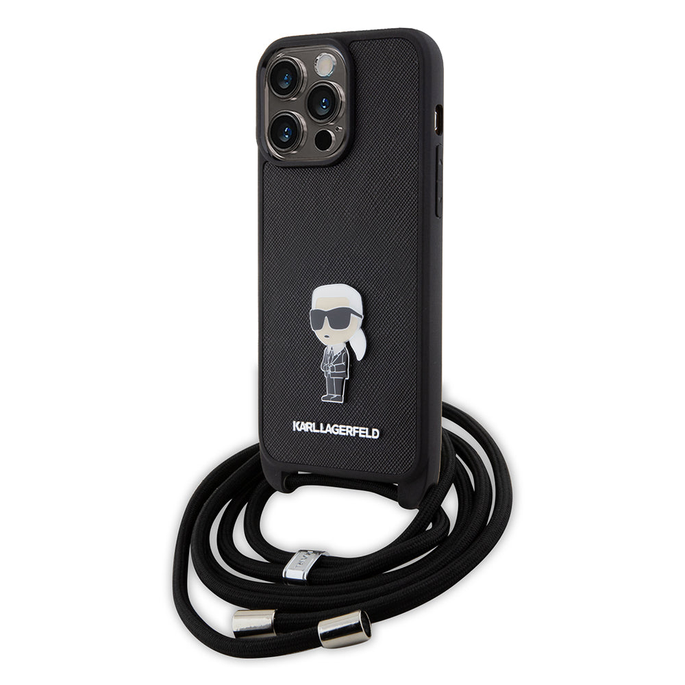 Étui pour Apple iPhone 15 Pro Max, Karl Lagerfeld, Saffiano Crossbody Monogram Metal Pin Karl, Noir