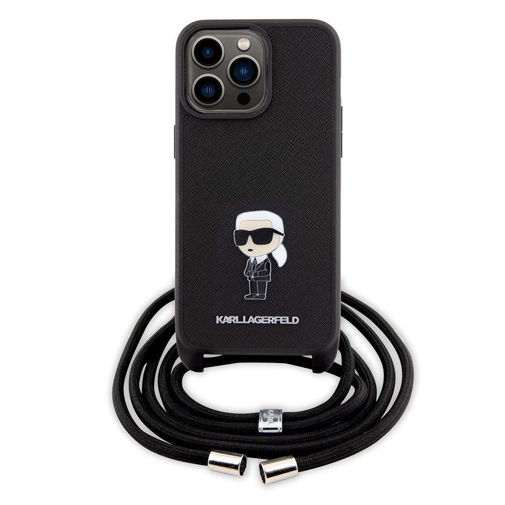 Étui pour Apple iPhone 15 Pro Max, Karl Lagerfeld, Saffiano Crossbody Monogram Metal Pin Karl, Noir