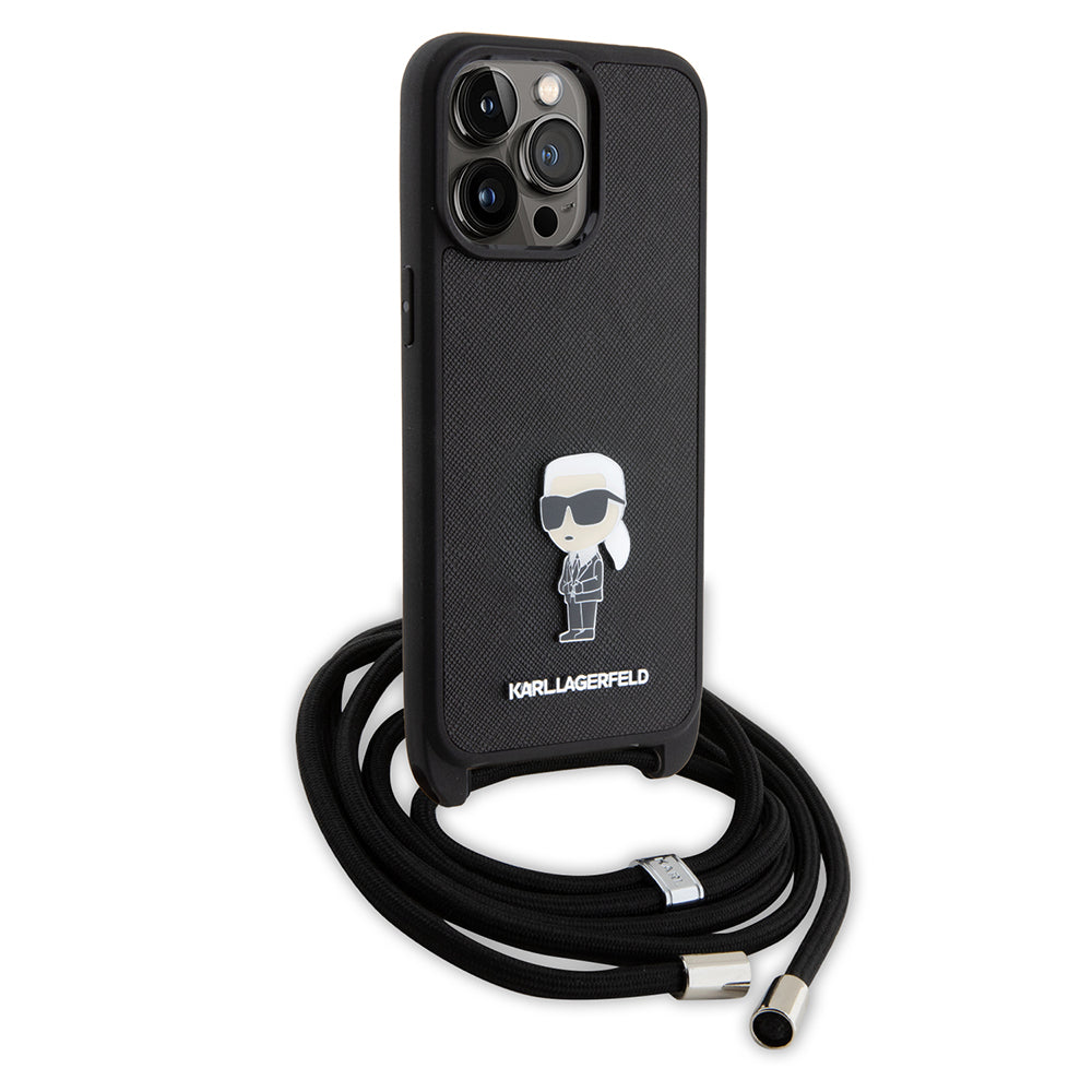 Étui pour Apple iPhone 15 Pro Max, Karl Lagerfeld, Saffiano Crossbody Monogram Metal Pin Karl, Noir