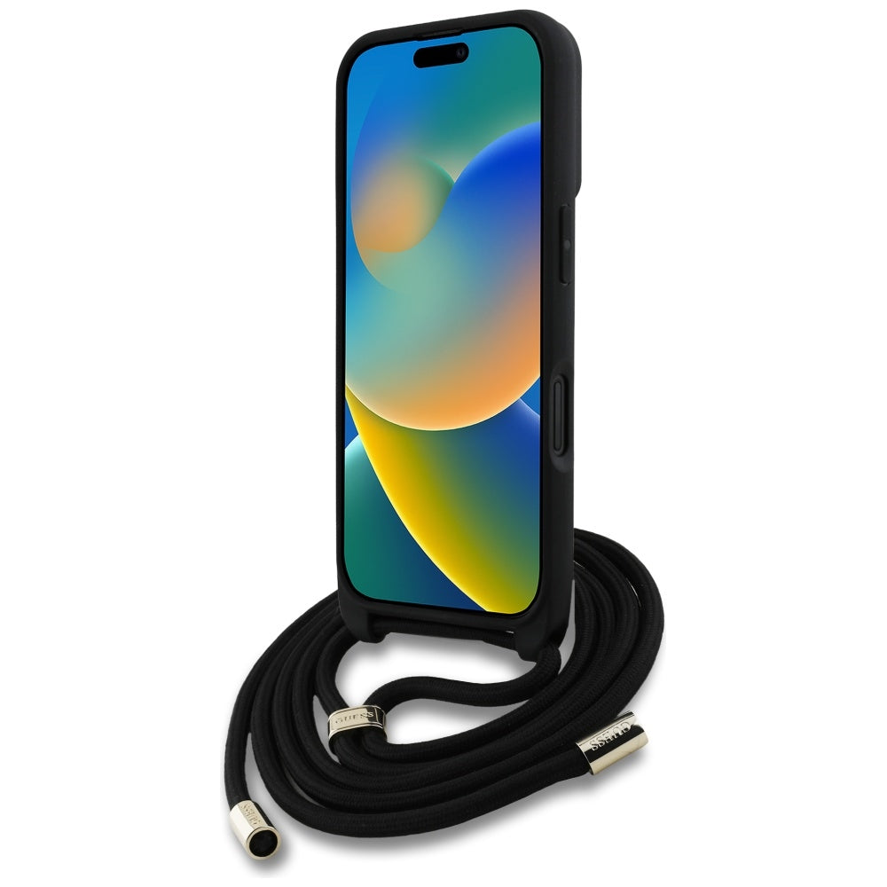 Étui pour Apple iPhone 16, Guess, 4G CBDY Grand Logo avec Bandoulière, Noir
