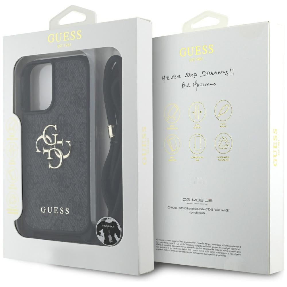 Étui pour Apple iPhone 16, Guess, 4G CBDY Grand Logo avec Bandoulière, Noir