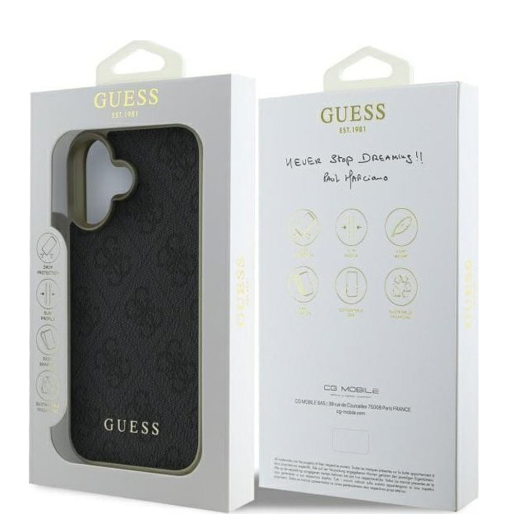 Étui pour Apple iPhone 16, Guess, 4G Charm, Noir