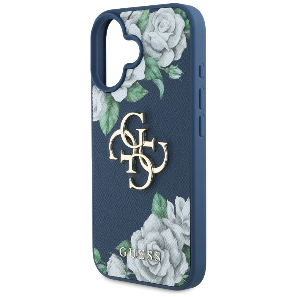 Étui pour Apple iPhone 16, Guess, 4G Grained Roses Big Logo, Bleu