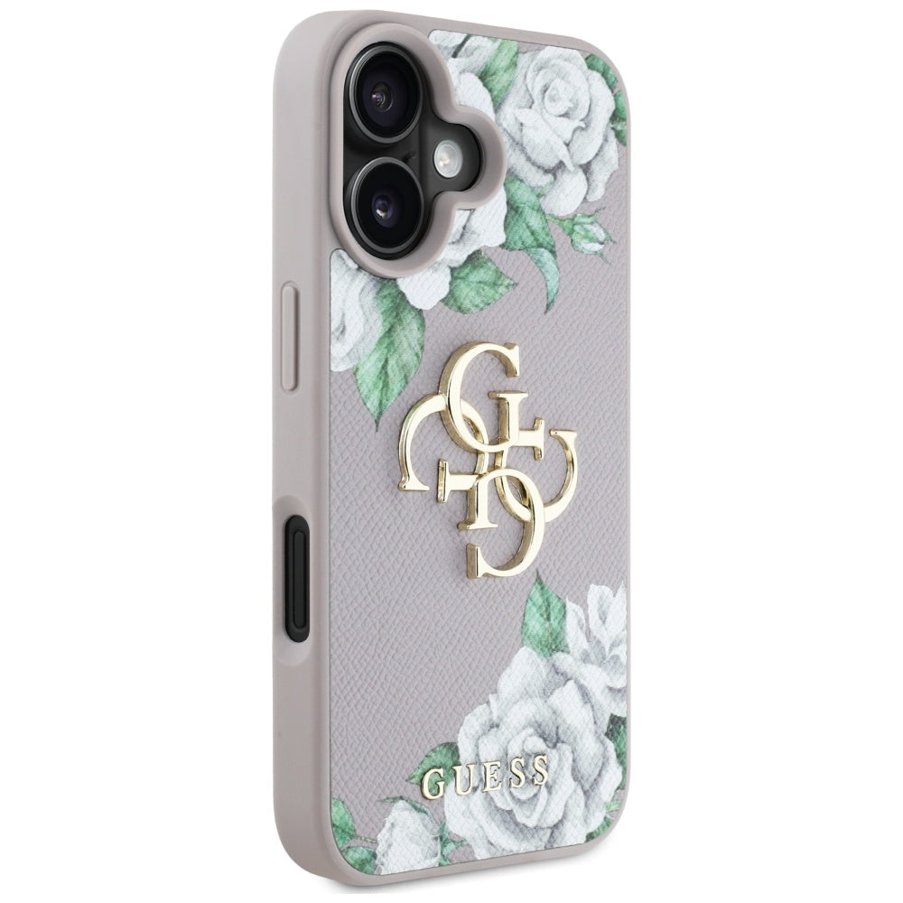 Étui pour Apple iPhone 16, Guess, 4G Grained Roses Big Logo, Violet