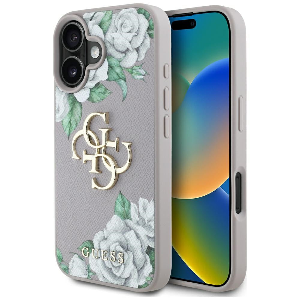 Étui pour Apple iPhone 16, Guess, 4G Grained Roses Big Logo, Violet