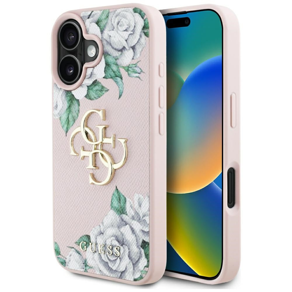 Case for Apple iPhone 16, Guess, 4G Grained Roses Big Logo, Pink