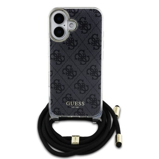 Étui pour Apple iPhone 16, Guess, Crossbody Cord 4G Print, Noir