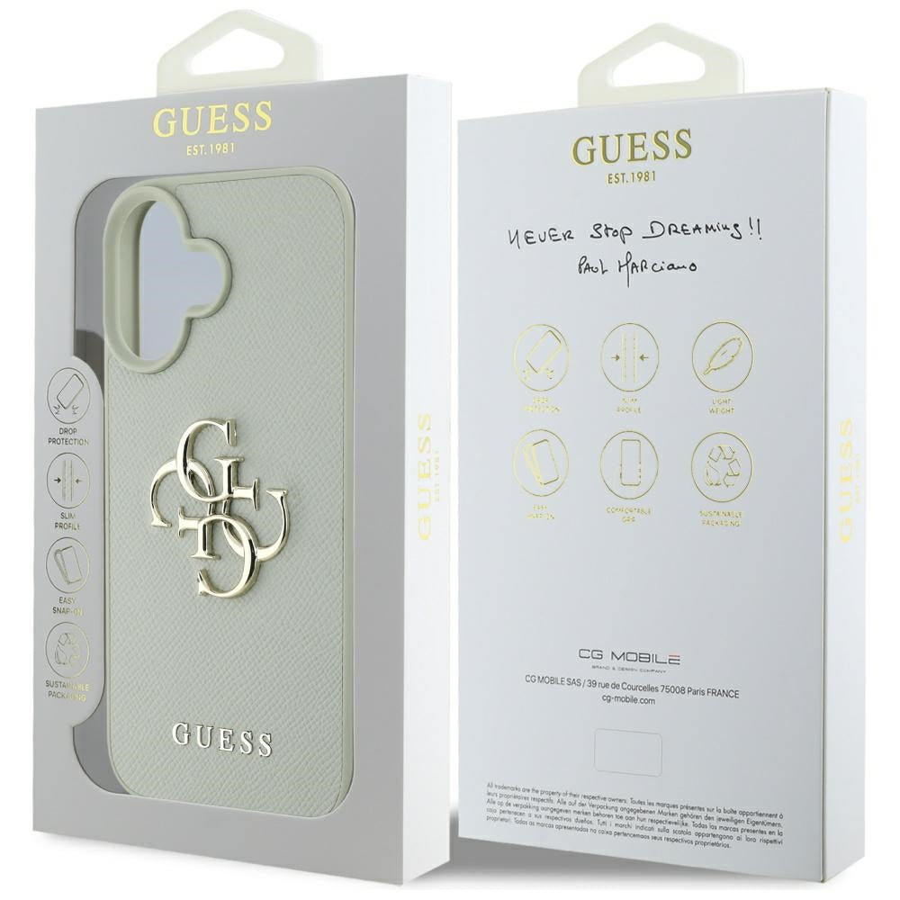 Étui pour Apple iPhone 16, Guess, Grained Big 4G Logo Small Classic Logo, Vert