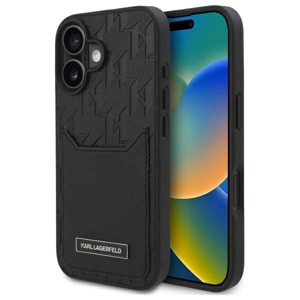 Étui pour Apple iPhone 16, Karl Lagerfeld, Monogramme avec emplacements pour cartes, Noir