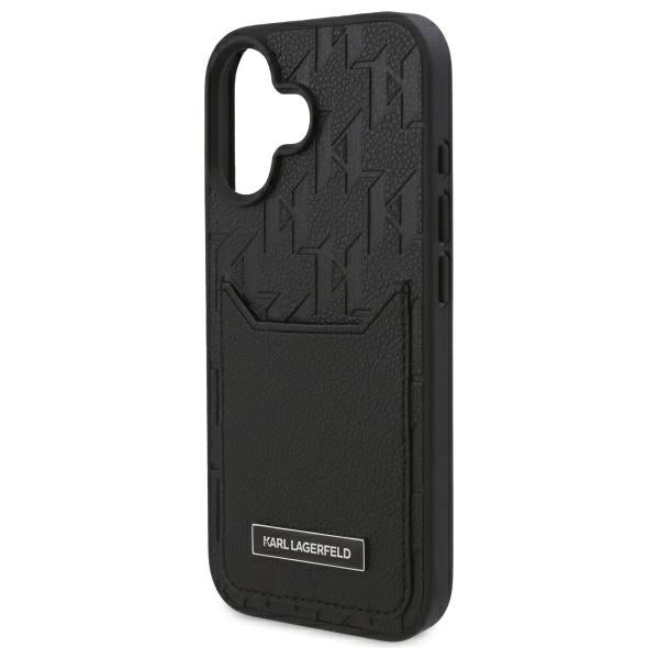 Étui pour Apple iPhone 16, Karl Lagerfeld, Monogramme avec emplacements pour cartes, Noir
