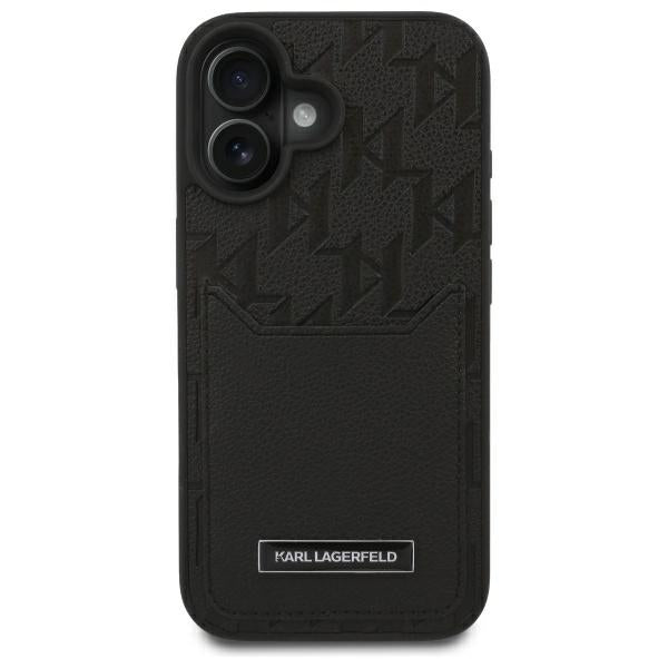Étui pour Apple iPhone 16, Karl Lagerfeld, Monogramme avec emplacements pour cartes, Noir