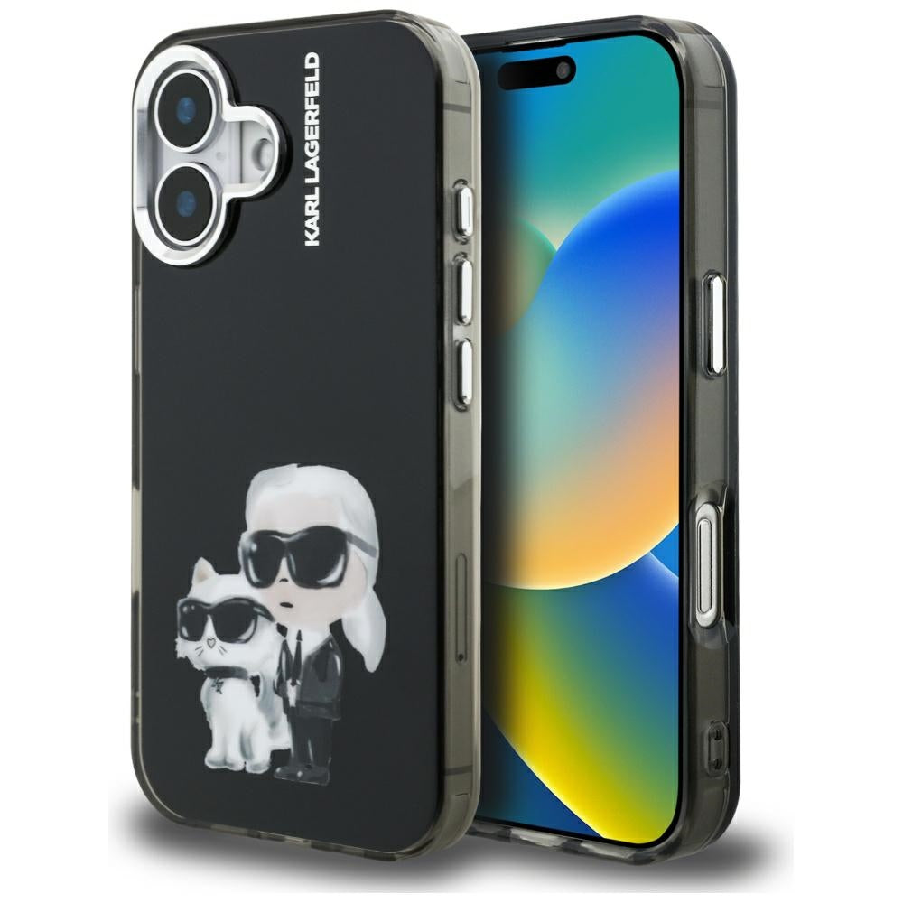 Étui pour Apple iPhone 16, Karl Lagerfeld, IML Aquarelle Logo Karl & Choupette, Noir