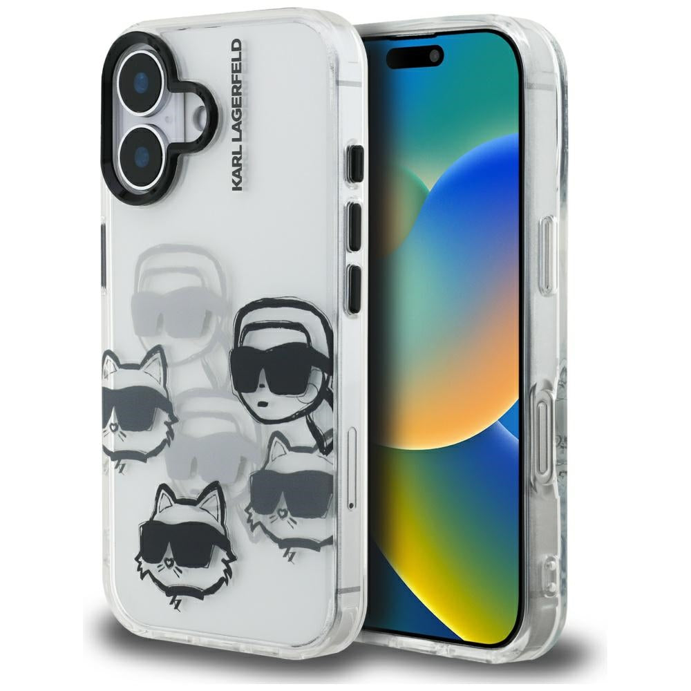 Étui pour Apple iPhone 16, Karl Lagerfeld, IML Luxury Multi Head Pattern, Transparent