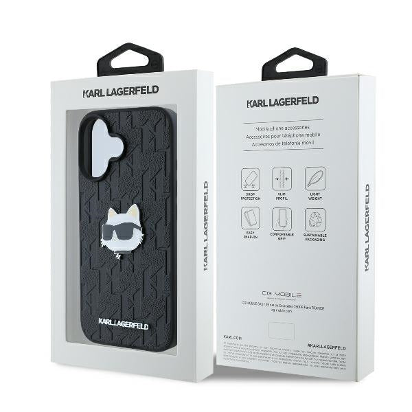 Étui pour Apple iPhone 16, Karl Lagerfeld, Monogramme Tête de Choupette, Noir