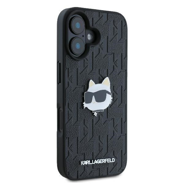 Étui pour Apple iPhone 16, Karl Lagerfeld, Monogramme Tête de Choupette, Noir
