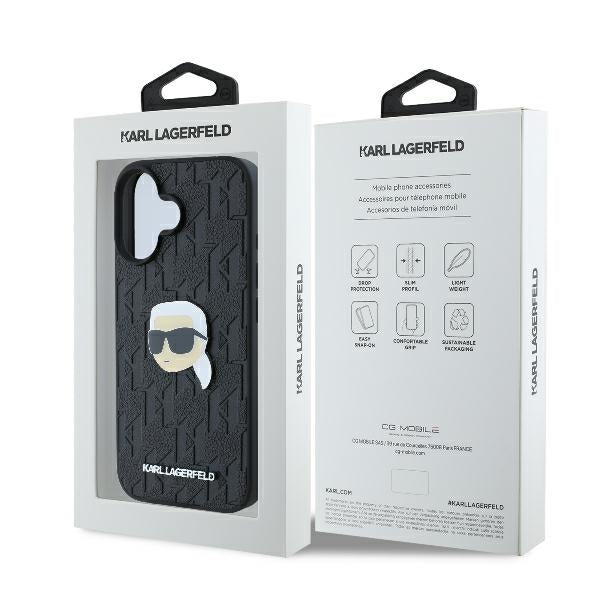 Étui pour Apple iPhone 16, Karl Lagerfeld, Monogramme Tête de Karl, Noir