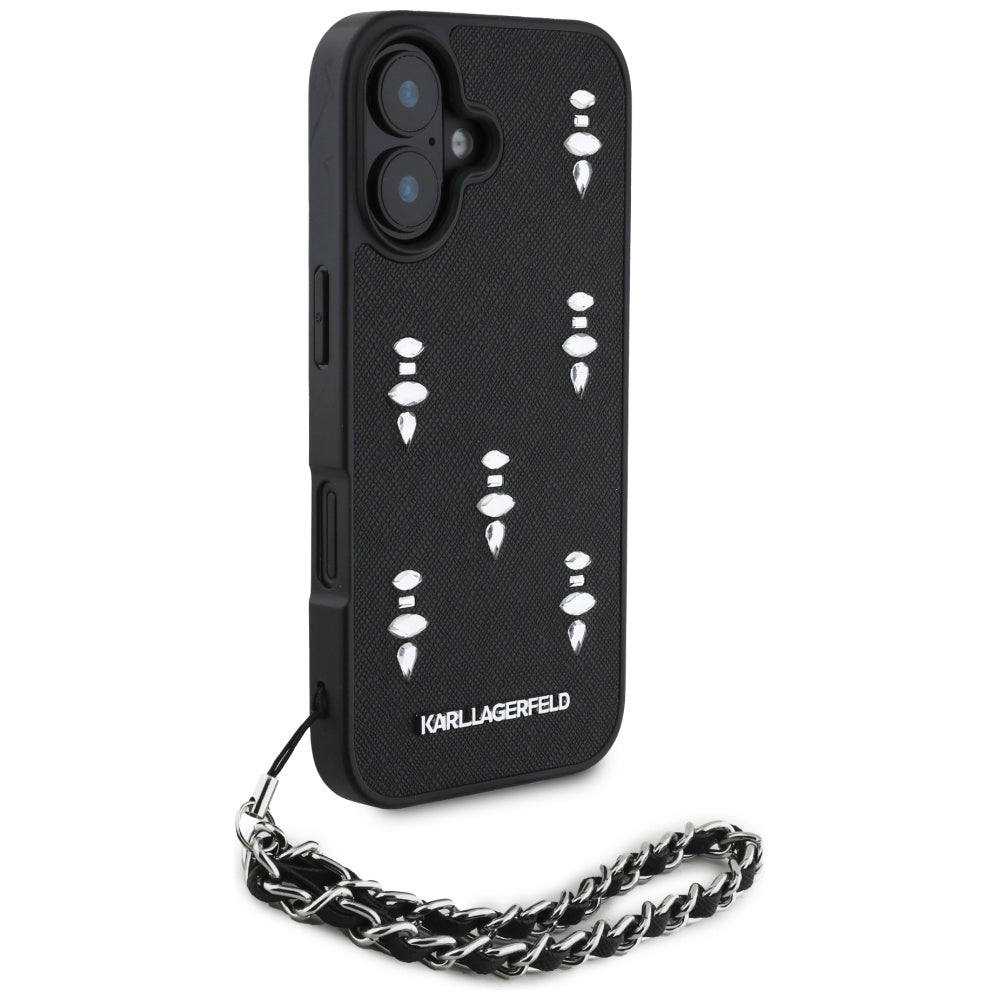 Étui pour Apple iPhone 16, Karl Lagerfeld, Saffiano Crystals & Charm, Noir