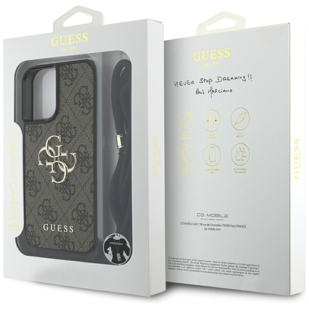 Housse pour Apple iPhone 16 Plus, Guess, 4G CBDY Grand Logo avec Bandoulière, Marron