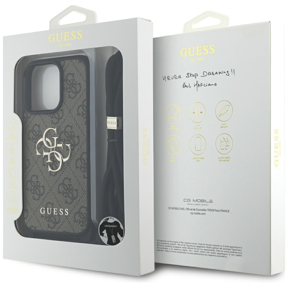 Étui pour Apple iPhone 16 Pro, Guess, 4G CBDY Grand Logo avec Bandoulière, Marron