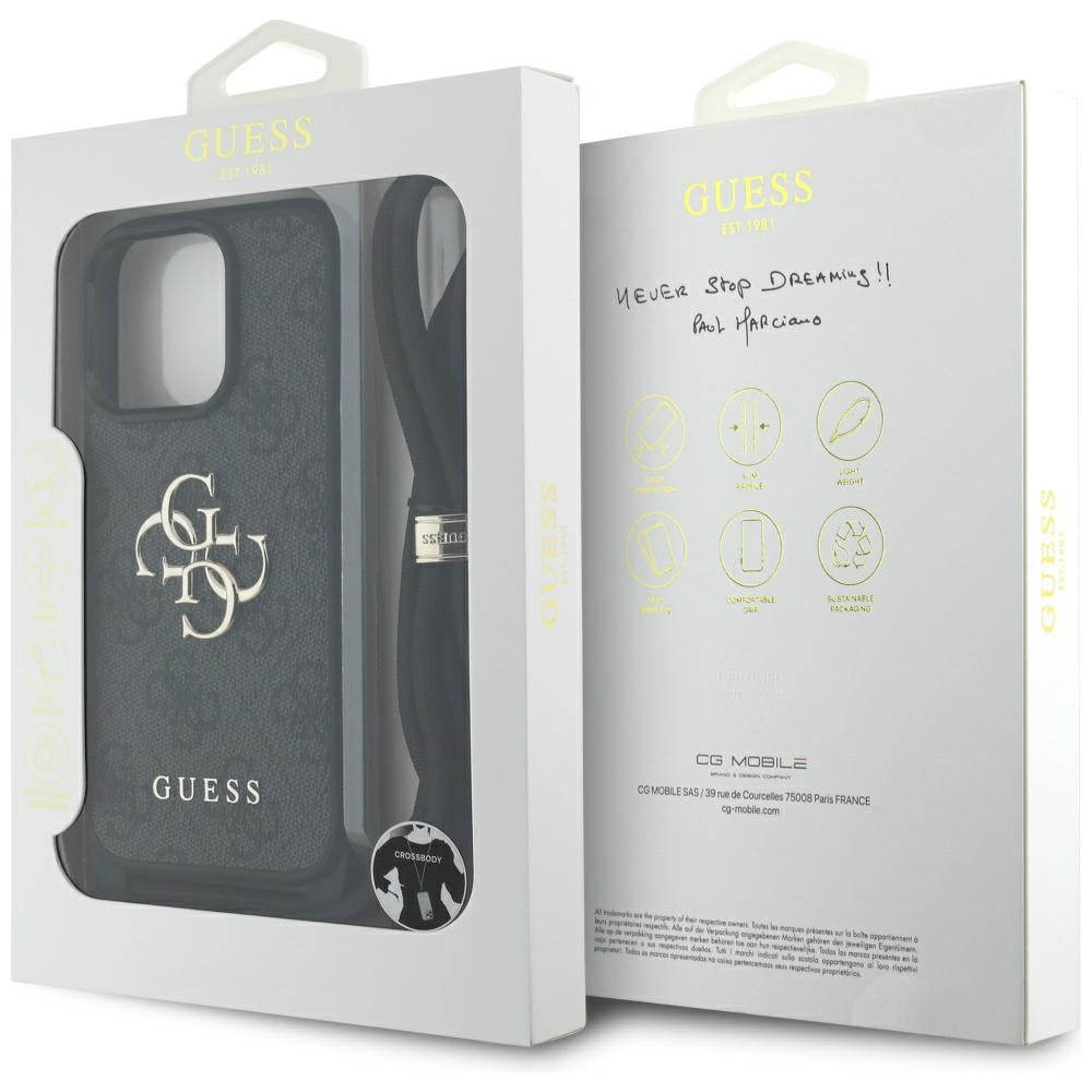 Étui pour Apple iPhone 16 Pro, Guess, 4G CBDY Grand Logo avec Bandoulière, Noir