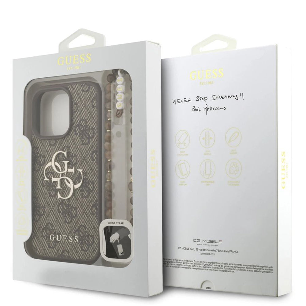 Étui pour Apple iPhone 16 Pro, Guess, 4G Classic Logo avec sangle, Marron