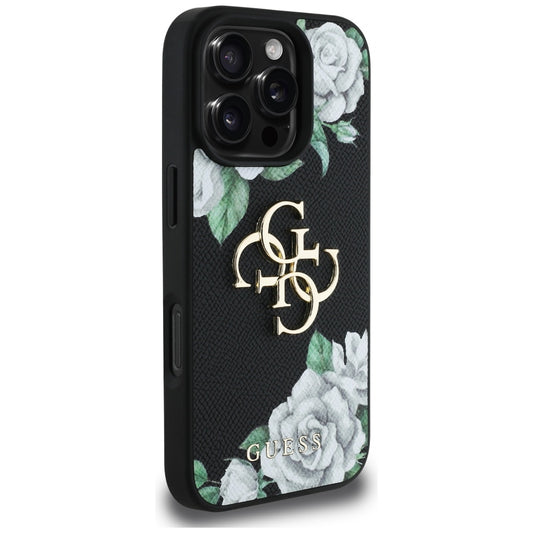 Étui pour Apple iPhone 16 Pro, Guess, 4G Grained Roses Big Logo, Noir
