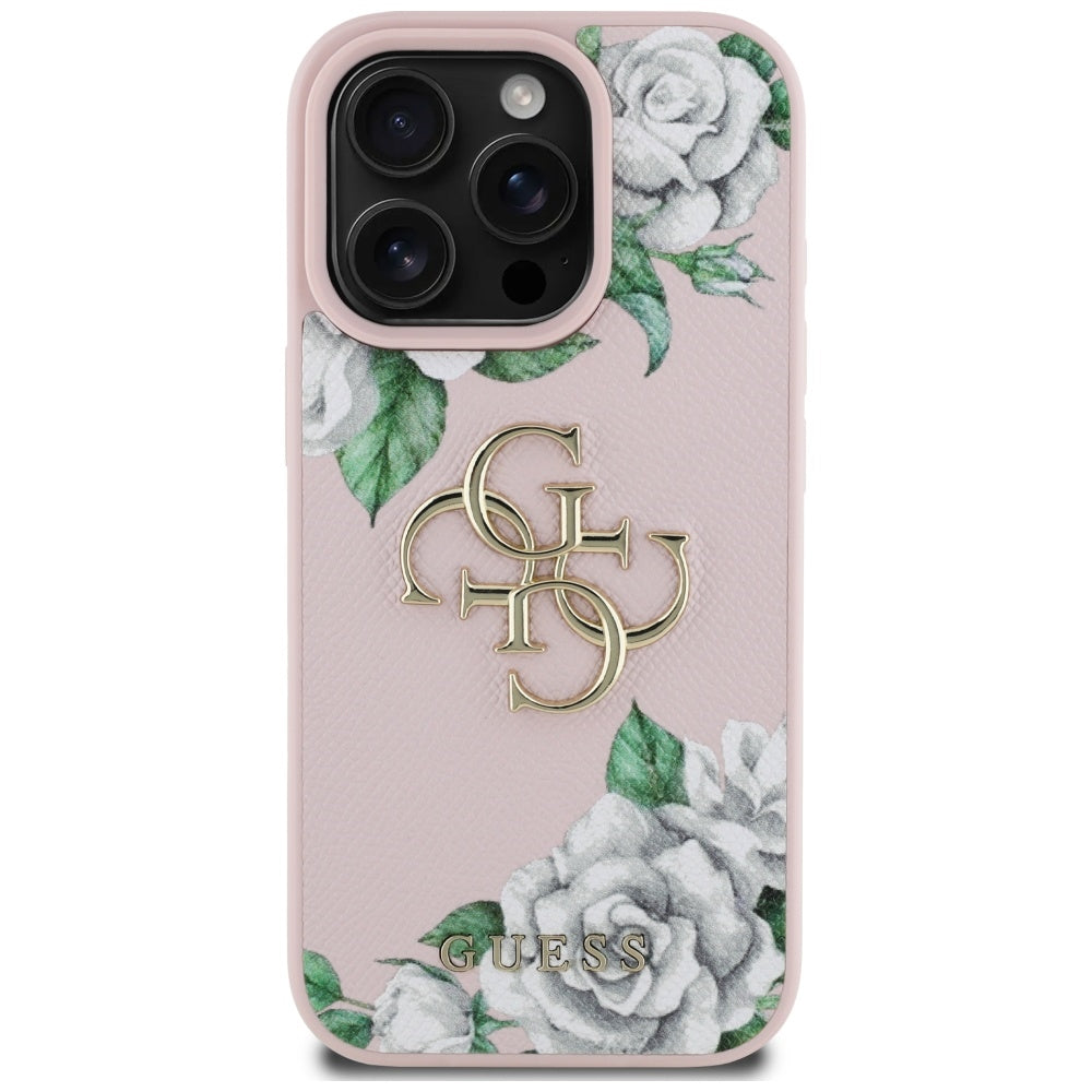 Étui pour Apple iPhone 16 Pro, Guess, 4G Grained Roses Big Logo, Rose